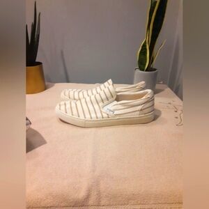 J Crew Women's Canvas Shoes Stripe Tan White Size 10 Slip On